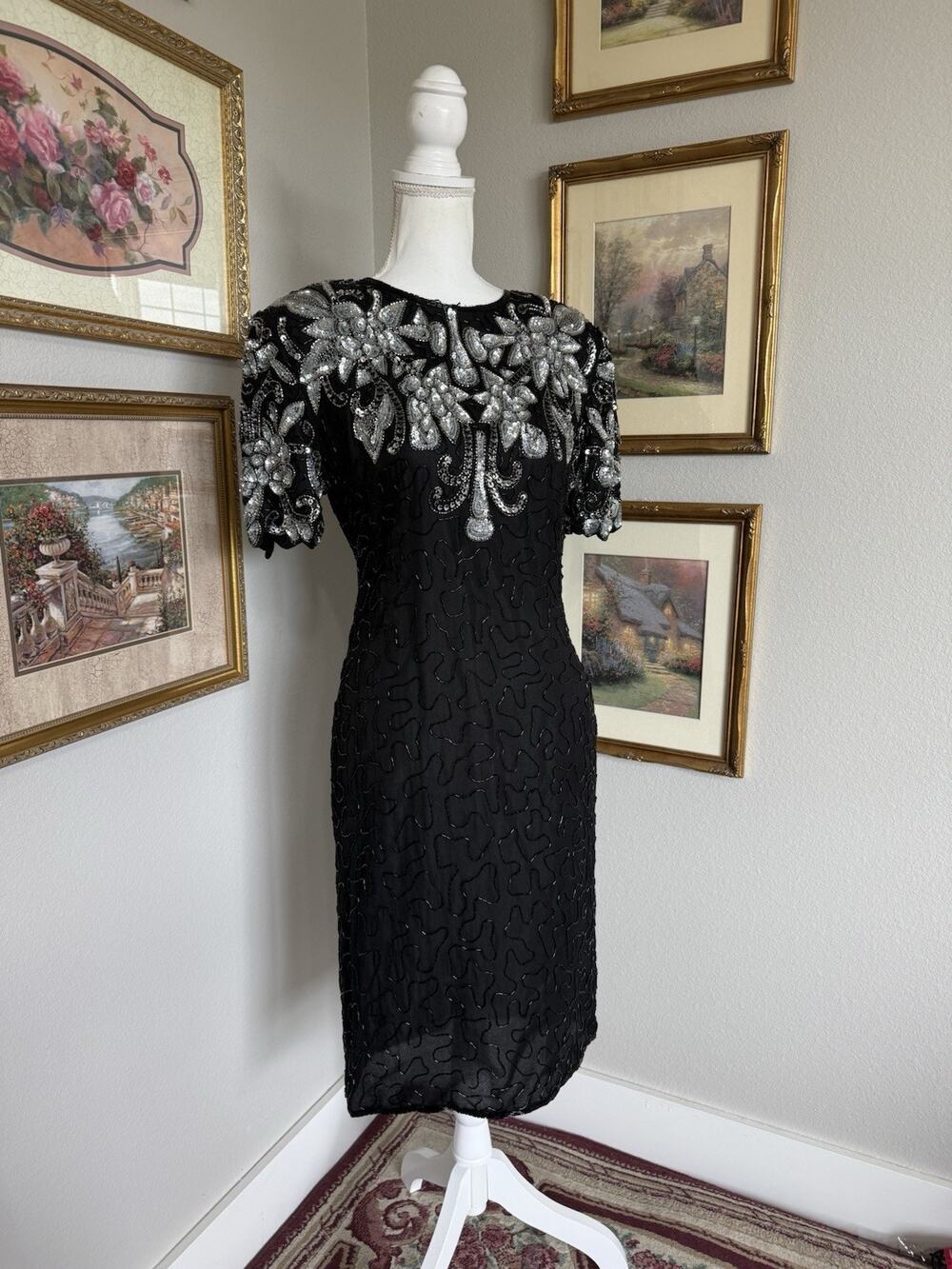 Vintage 80s Swee Lo Black Beaded Silk Cocktail Dress sz M Embellished